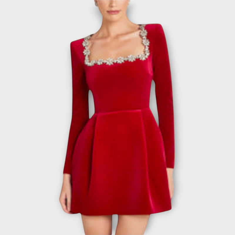 Wren - Vestito mini in velluto con decorazioni di gioielli