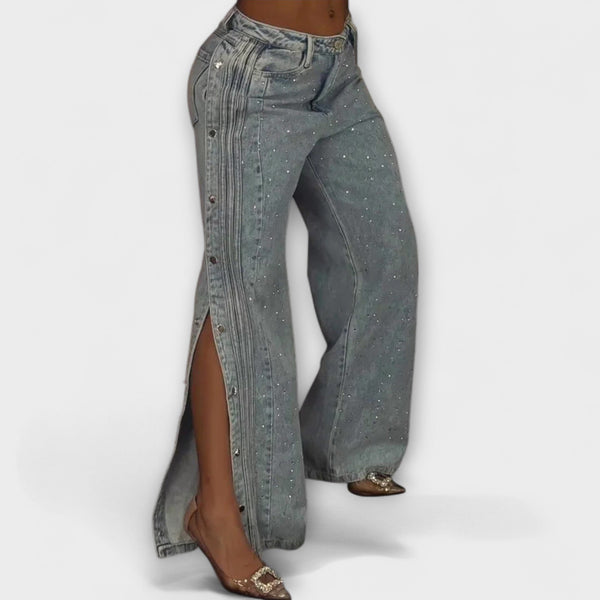 Nola - Jeans a vita alta decorati con strass e bottoni laterali