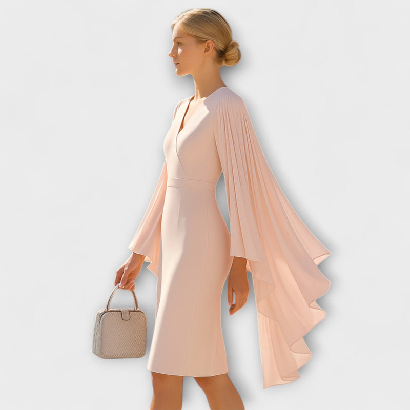 Rachel - Vestito midi color rosa con scollatura a V e maniche in georgette