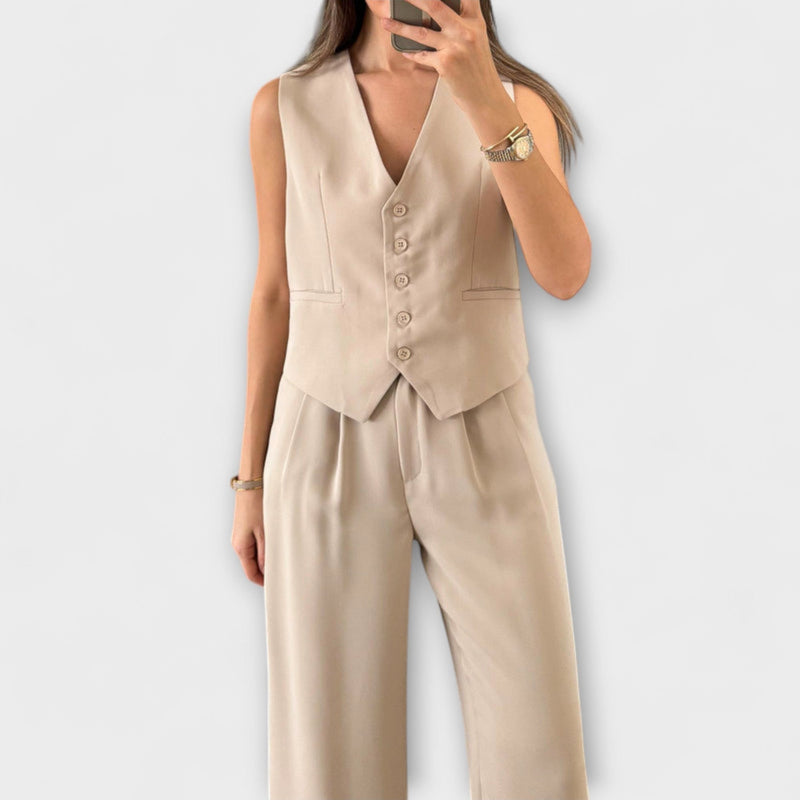 Hazel - Completo di due pezzi con gilet e pantaloni di colore solido con scollatura a V