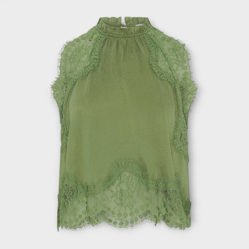 Kaia - Blusa in raso con pizzo e scollo plissettato in abbinamento