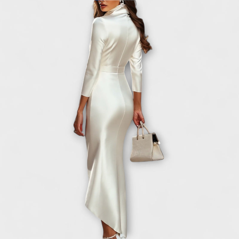 Rebecca - Elegante vestito midi in satin bianco con scollatura a V