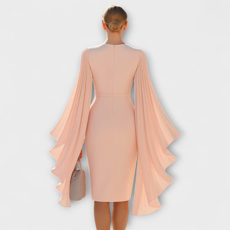 Rachel - Vestito midi color rosa con scollatura a V e maniche in georgette