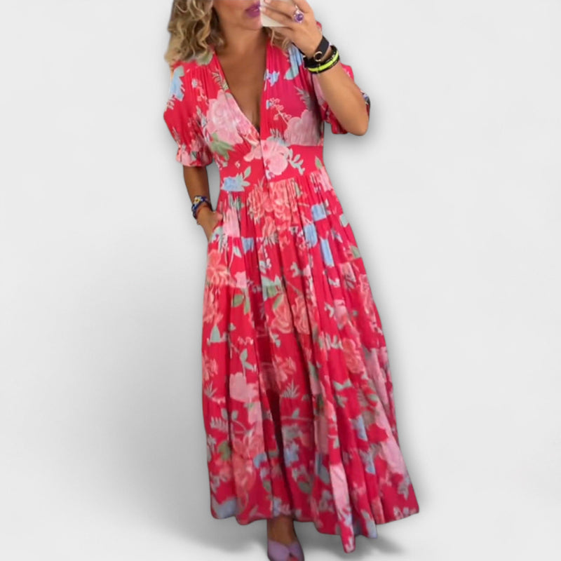 Catrisa - Vestito a Tasca con Stampa Floreale e Scollatura a V