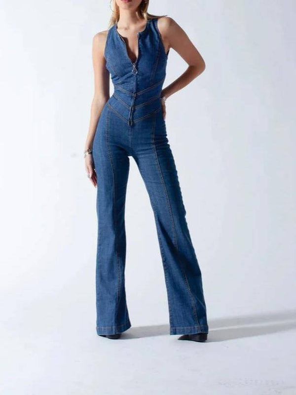 Gabriella - Tuta in denim con gamba larga e fiocco sulla schiena