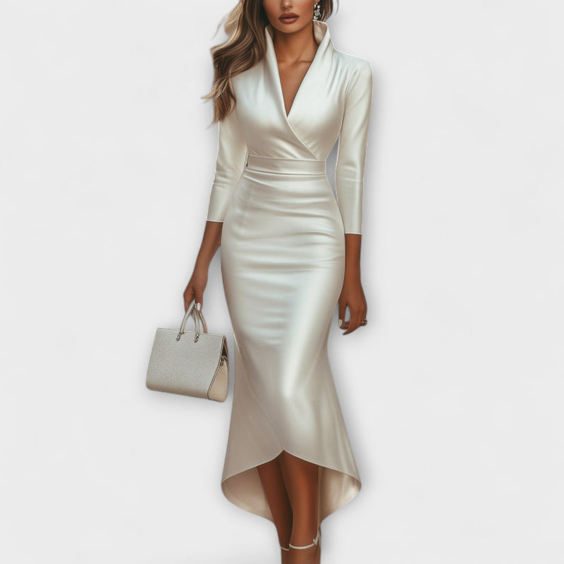Rebecca - Elegante vestito midi in satin bianco con scollatura a V