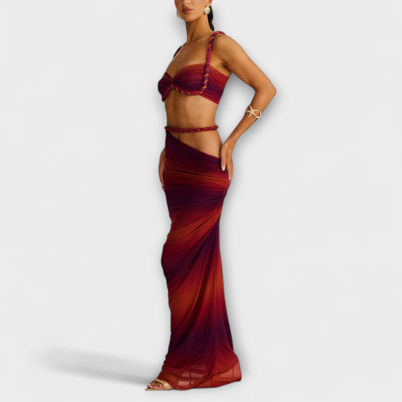Jane - Elegante Top Corto con Intreccio in Degradé e Doppia Gonna