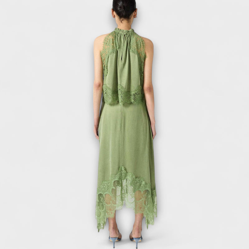 Kaia - Blusa in raso con pizzo e scollo plissettato in abbinamento