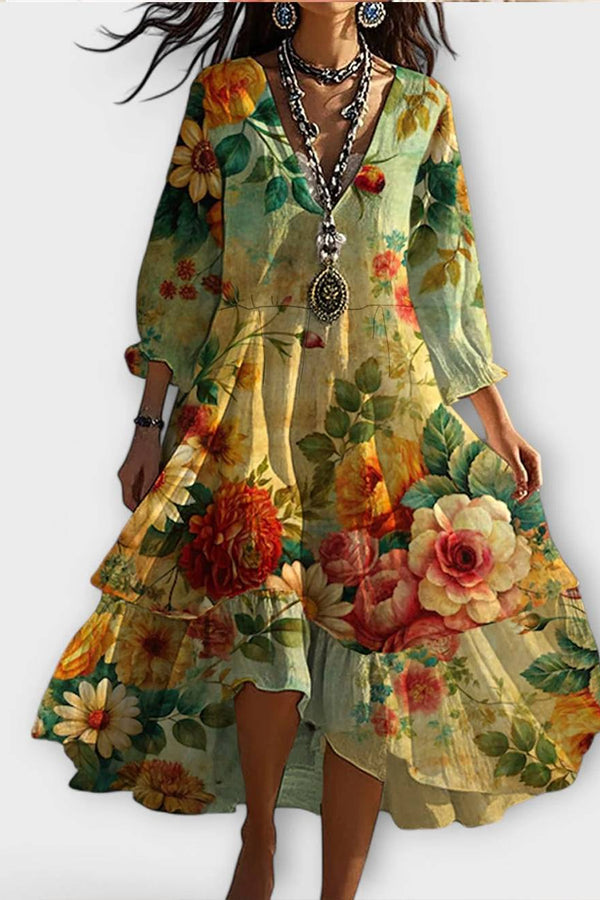 Marina - Vestito Vintage Boho con Stampa Floreale e Scollatura a V