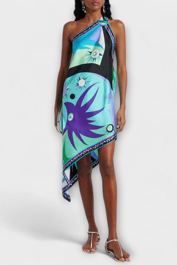 Esme - Vestito midi in satin con stampa unica e orlo asimmetrico