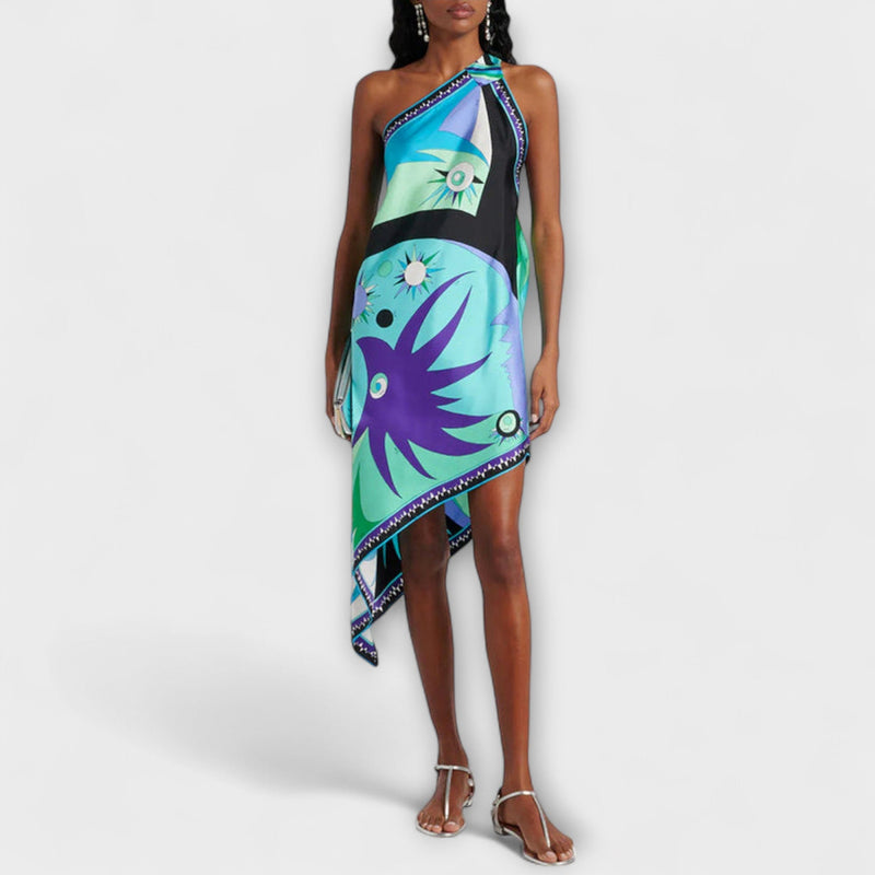 Esme - Vestito midi in satin con stampa unica e orlo asimmetrico