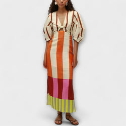 Kaya - Vestito maxi con scollo frontale e maniche a sbuffo