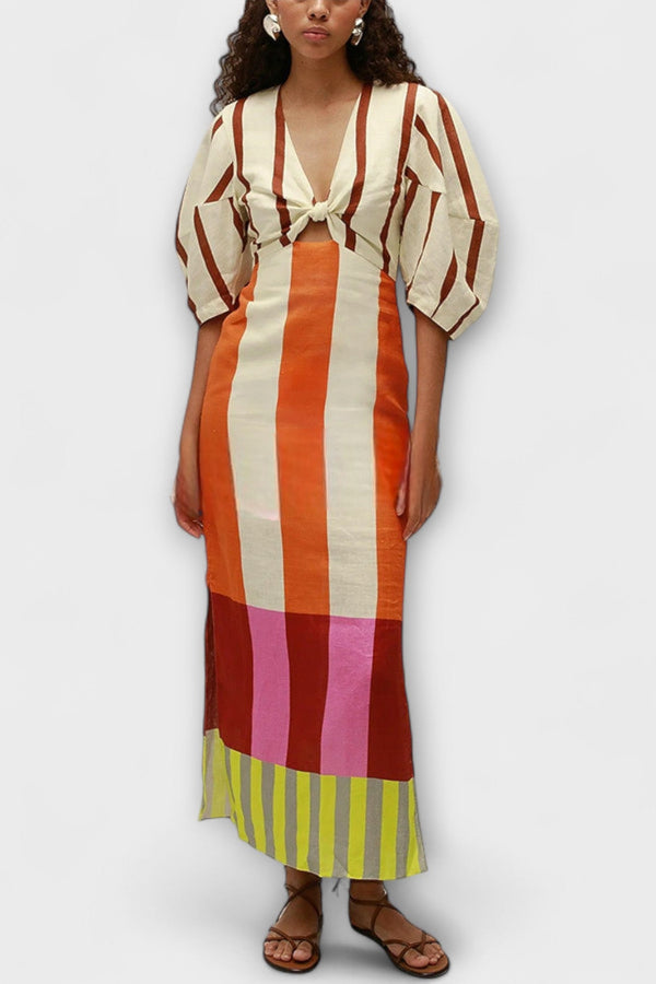 Kaya - Vestito maxi con scollo frontale e maniche a sbuffo