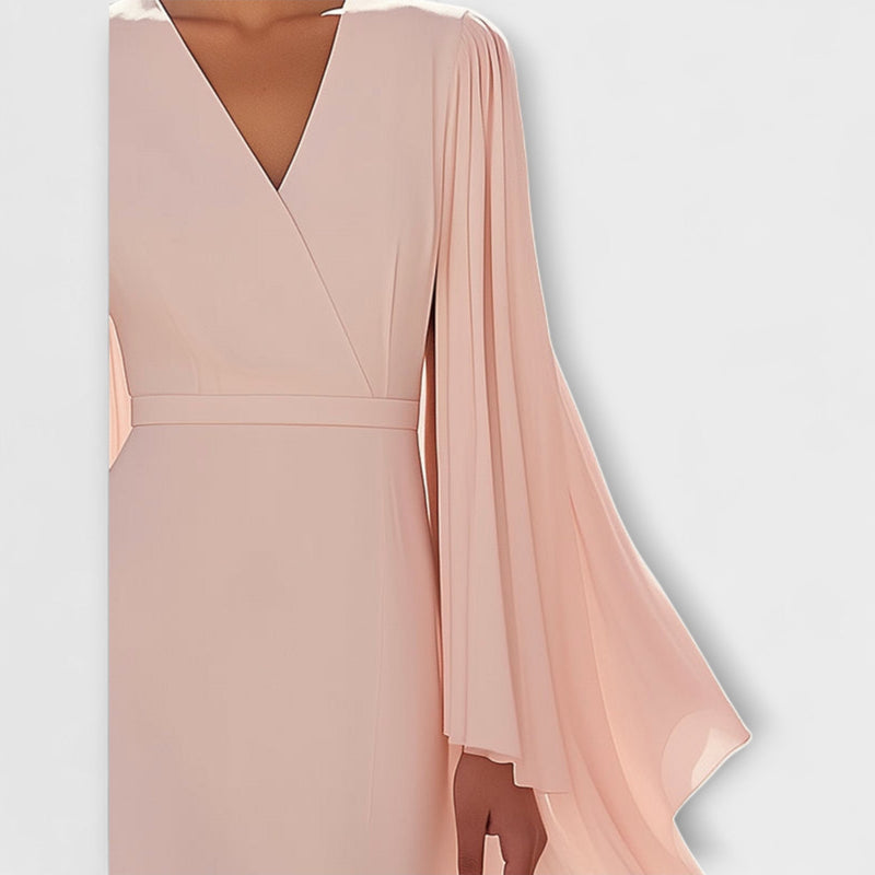 Rachel - Vestito midi color rosa con scollatura a V e maniche in georgette