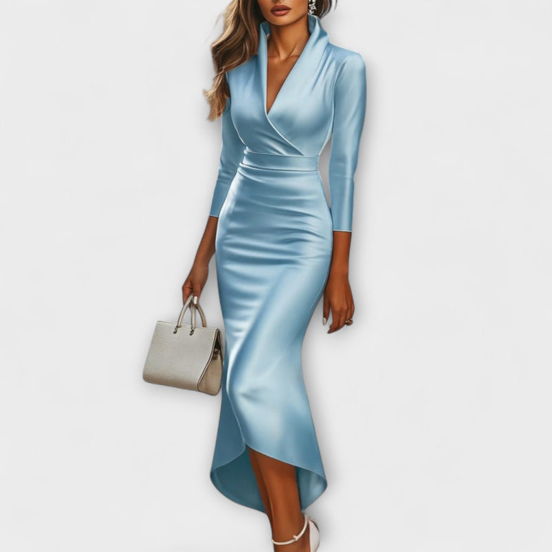 Rebecca - Elegante vestito midi in satin bianco con scollatura a V