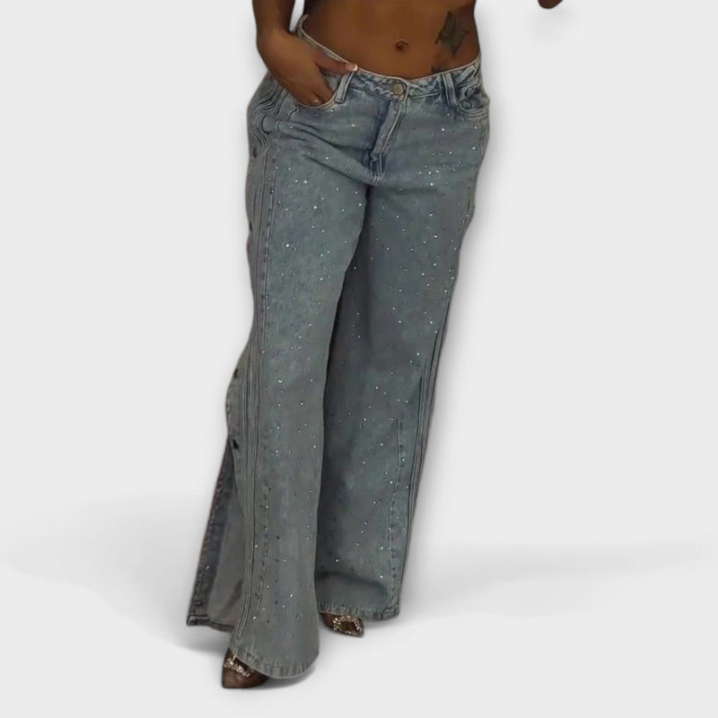 Nola - Jeans a vita alta decorati con strass e bottoni laterali
