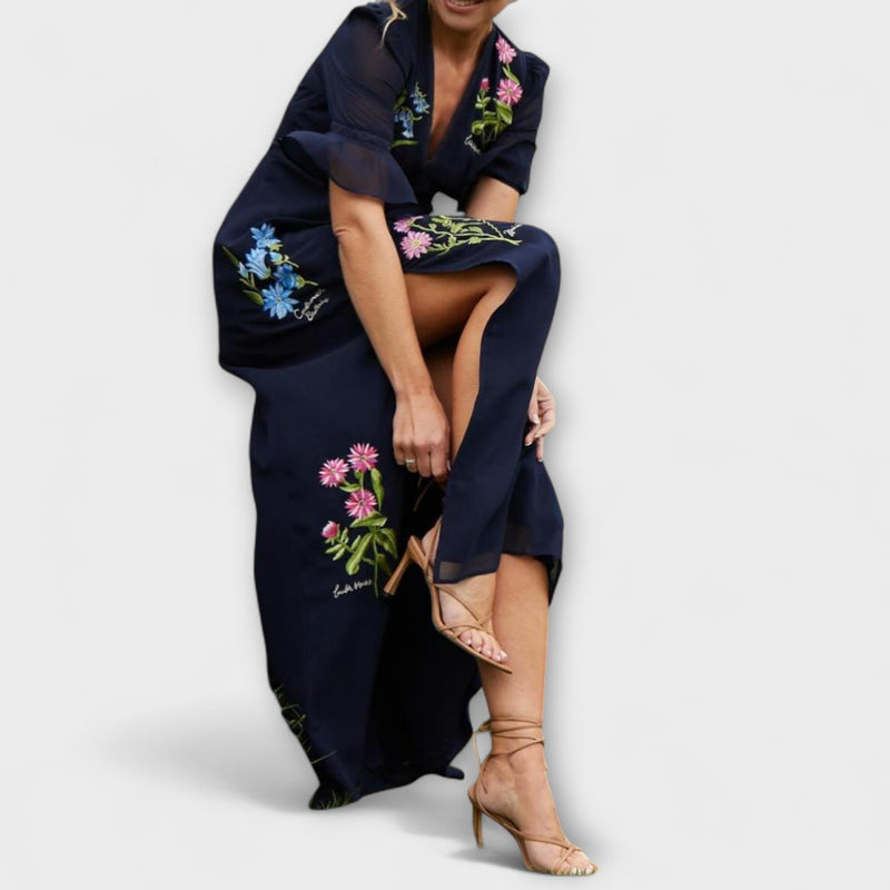 Beatrice - Elegante abito blu navy con ricami floreali
