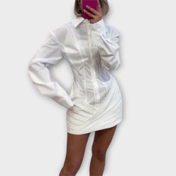 Indie - Vestito camicia plissettato bianco a maniche lunghe