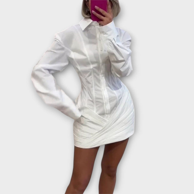 Indie - Vestito camicia plissettato bianco a maniche lunghe