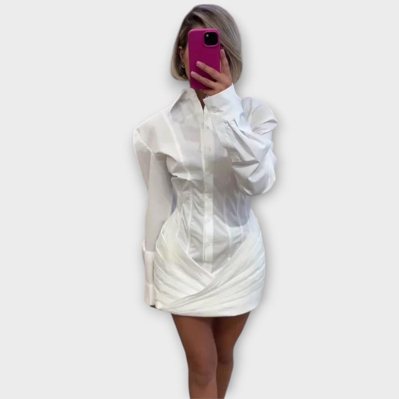Indie - Vestito camicia plissettato bianco a maniche lunghe