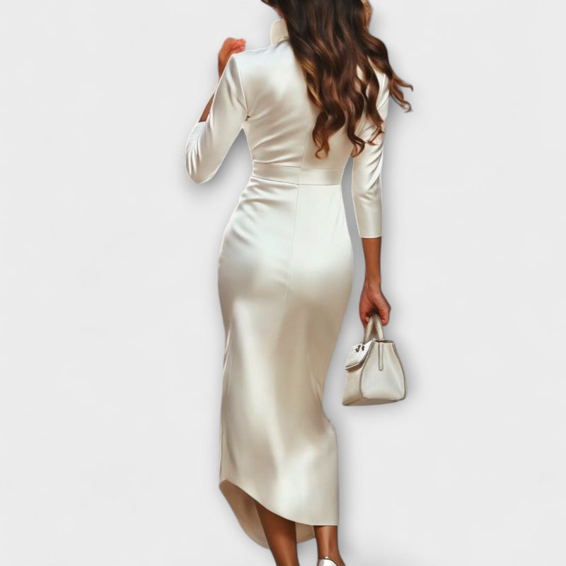 Rebecca - Elegante vestito midi in satin bianco con scollatura a V