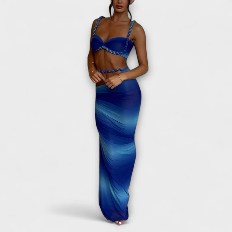 Jane - Elegante Top Corto con Intreccio in Degradé e Doppia Gonna