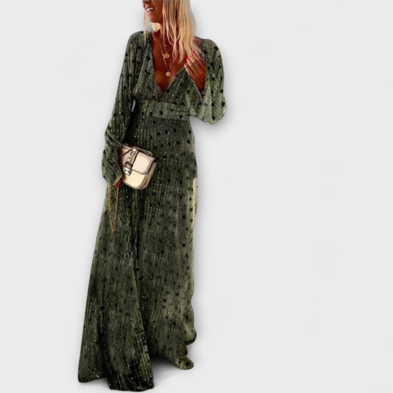 Elegante vestito lungo con stampa a pois