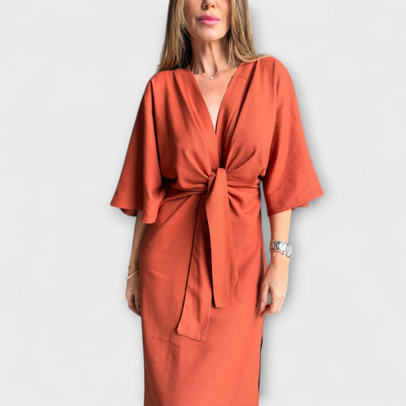 Holly - Abito casual in cotone-lino con scollatura a V e lacci