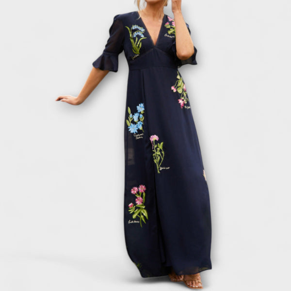 Beatrice - Elegante abito blu navy con ricami floreali