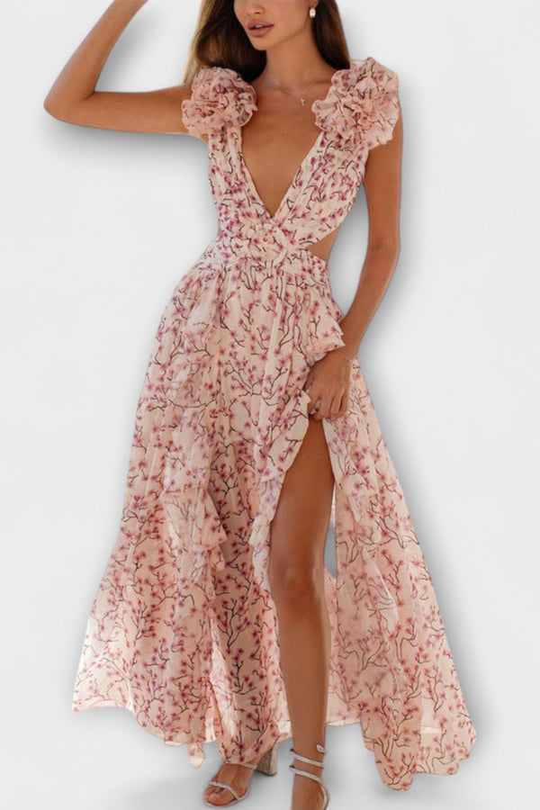 Elin - Vestito maxi con volant e dettagli cut-out