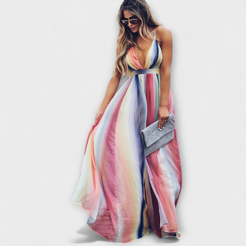 Abito da donna a righe multicolore con scollo a V