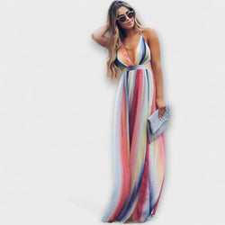 Abito da donna a righe multicolore con scollo a V