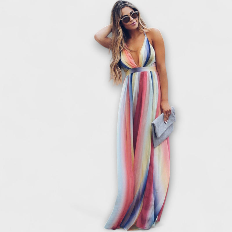 Abito da donna a righe multicolore con scollo a V