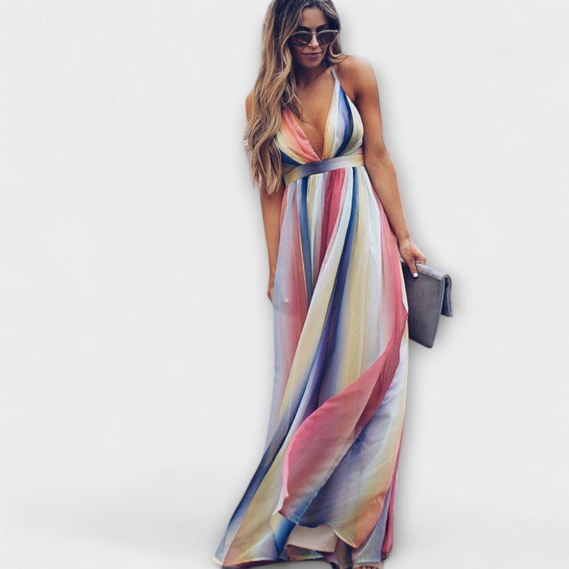 Abito da donna a righe multicolore con scollo a V