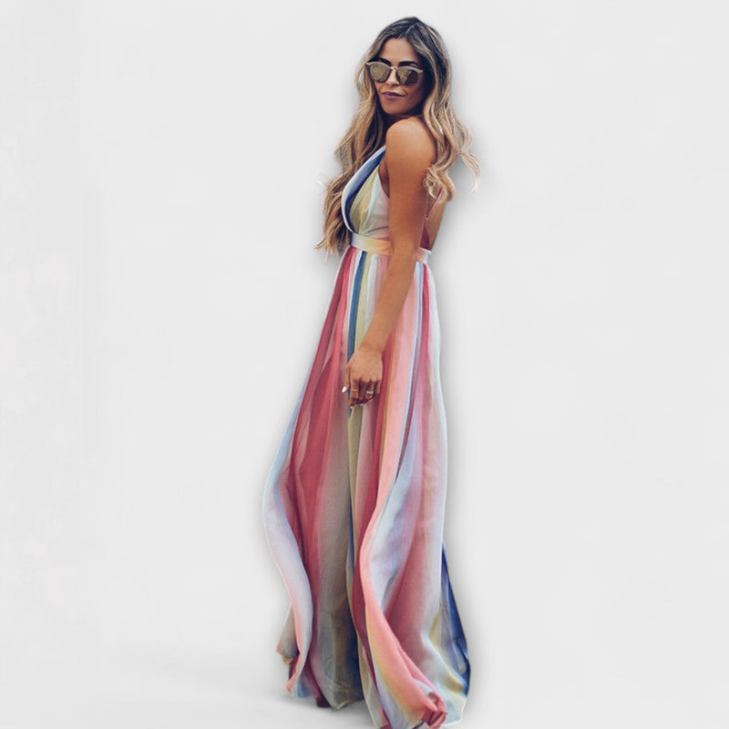 Abito da donna a righe multicolore con scollo a V