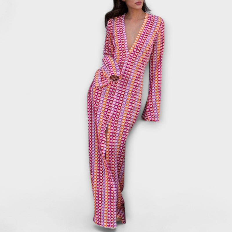 Elina – Vestito maxi con scollo a V e stile vacanziero