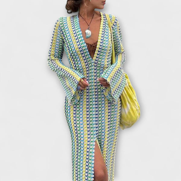 Elina – Vestito maxi con scollo a V e stile vacanziero