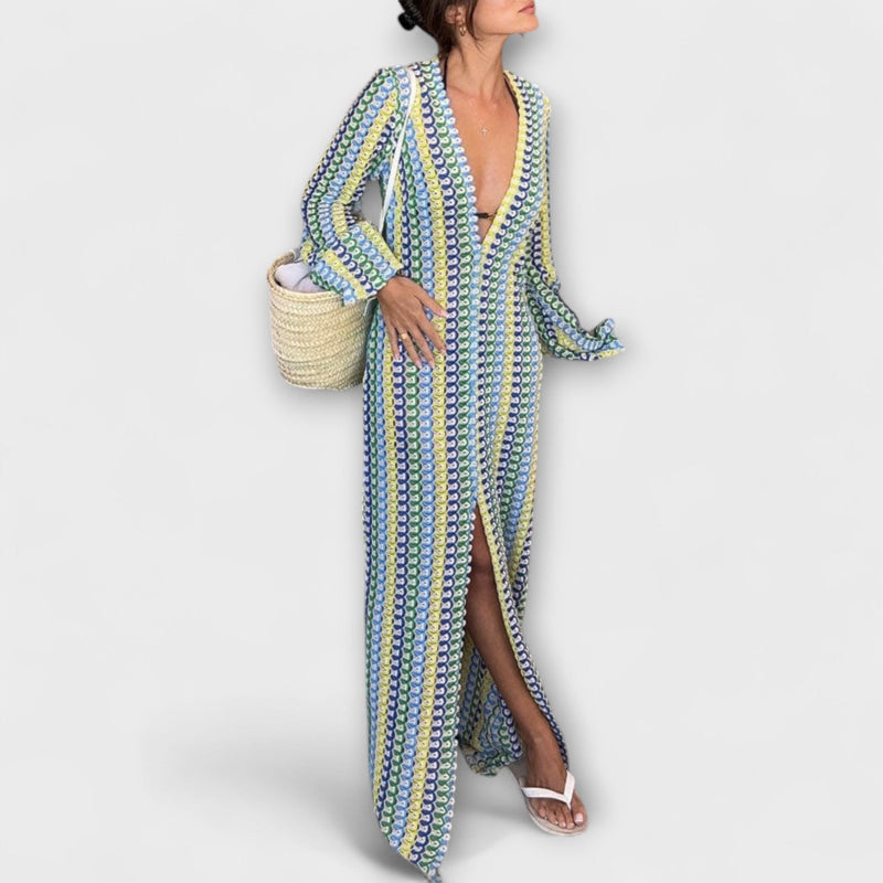 Elina – Vestito maxi con scollo a V e stile vacanziero