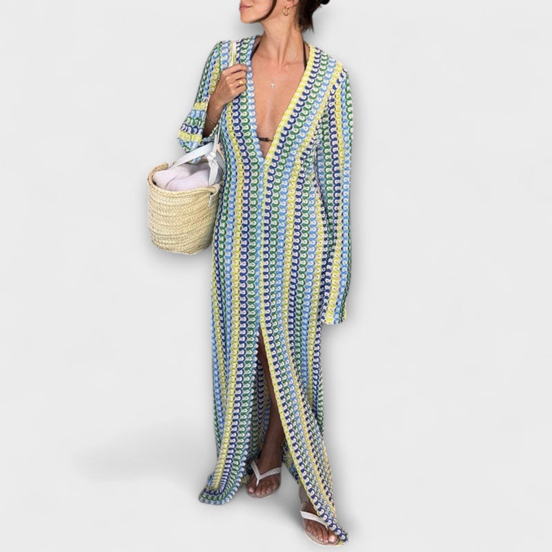 Elina – Vestito maxi con scollo a V e stile vacanziero