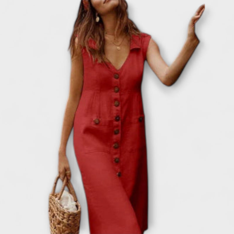 Nora – Vestito a linea A in cotone e lino con colletto a revers