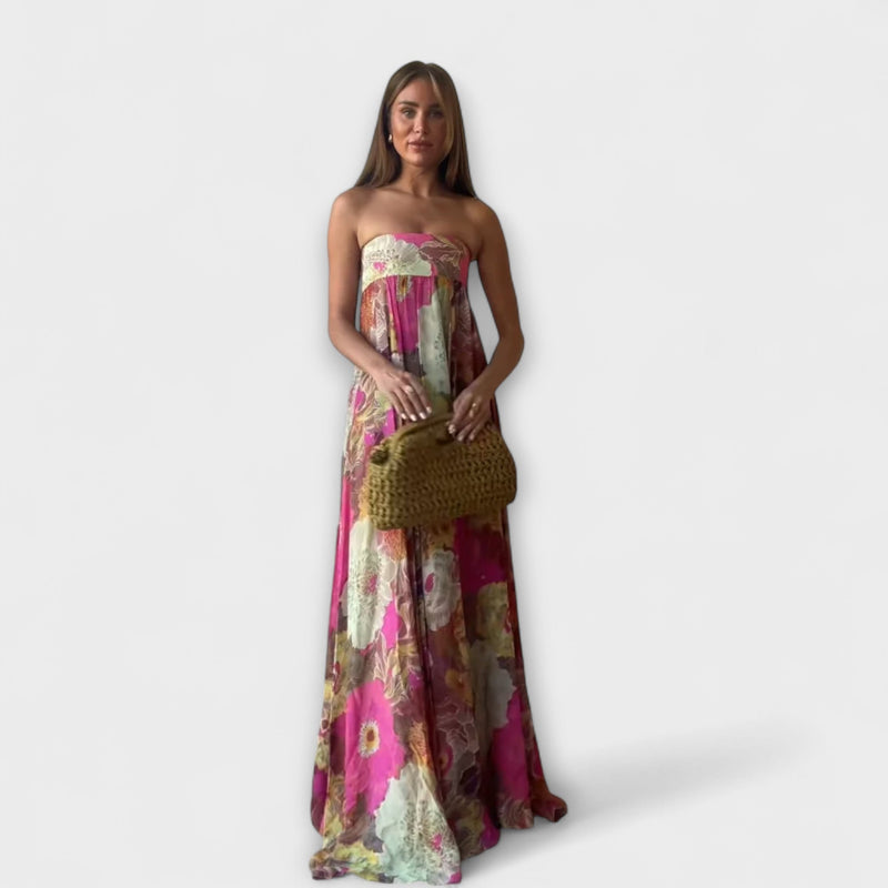 Elegante Vestito Maxi Plissettato Senza Spalline