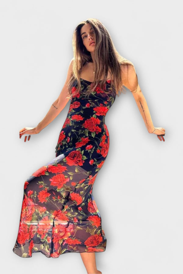 Vestito Bodycon con Spalline Sottile e Stampa Floreale