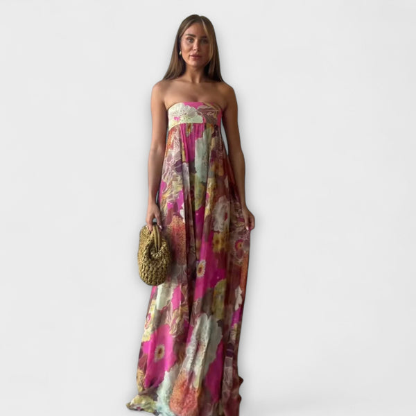 Elegante Vestito Maxi Plissettato Senza Spalline