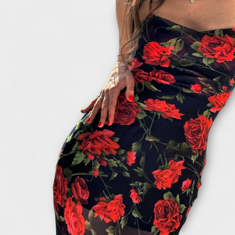 Vestito Bodycon con Spalline Sottile e Stampa Floreale