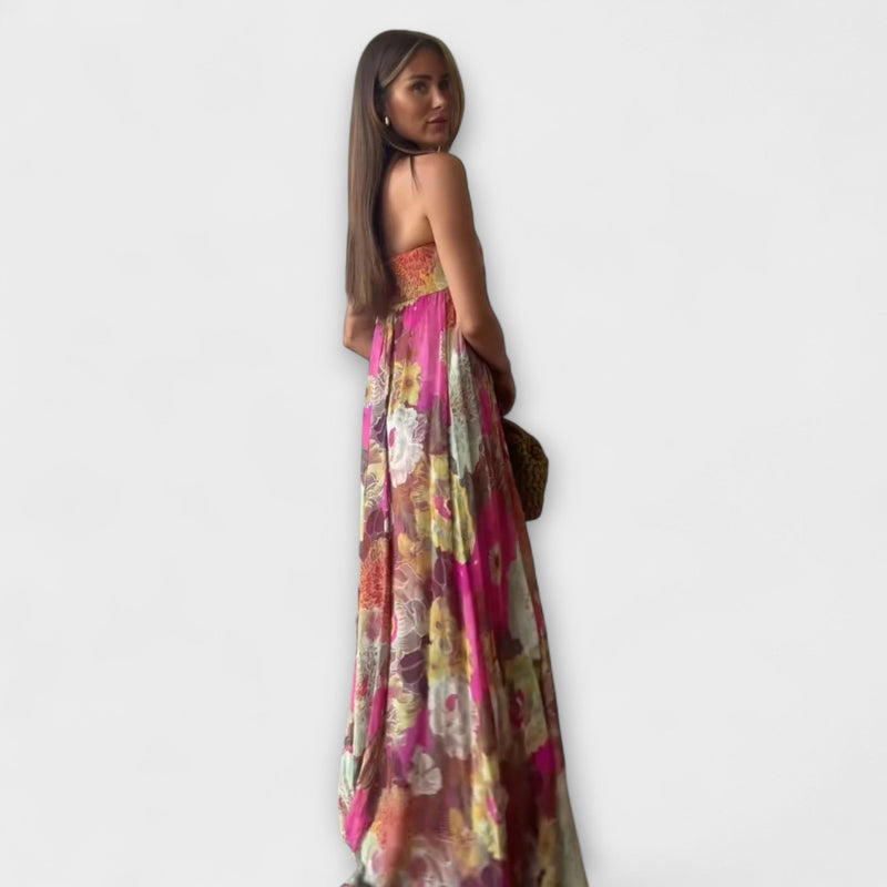 Elegante Vestito Maxi Plissettato Senza Spalline