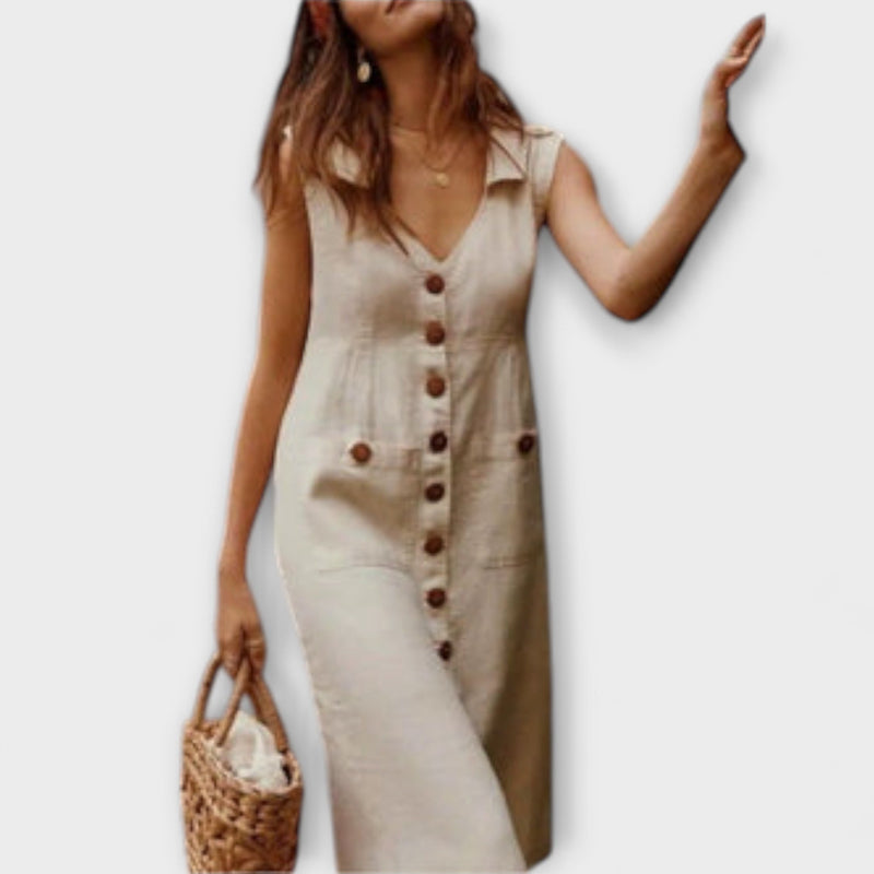 Nora – Vestito a linea A in cotone e lino con colletto a revers