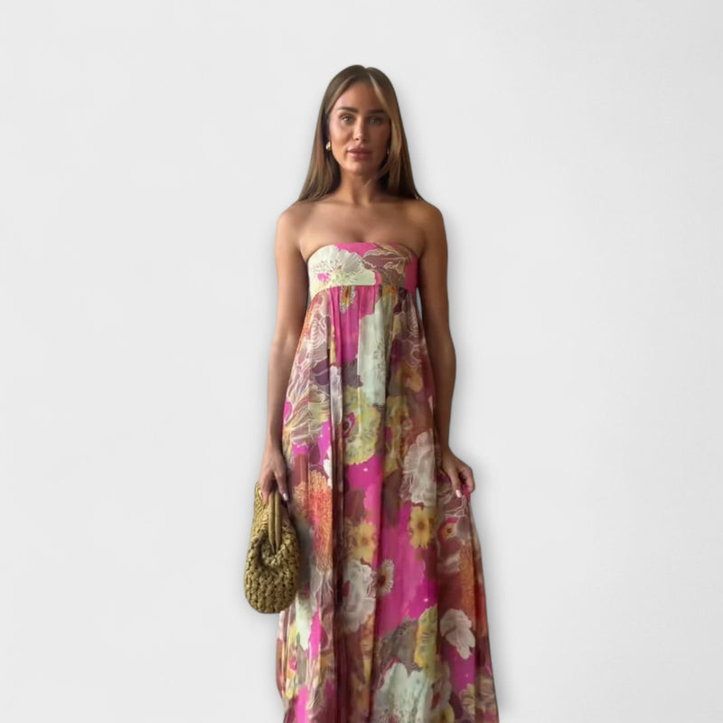 Elegante Vestito Maxi Plissettato Senza Spalline