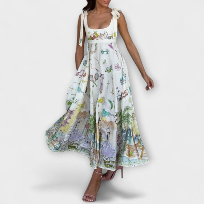Juliette - Vestito midi in lino dipinto con nastro di balletto