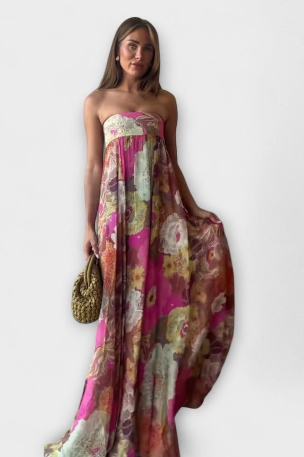 Elegante Vestito Maxi Plissettato Senza Spalline