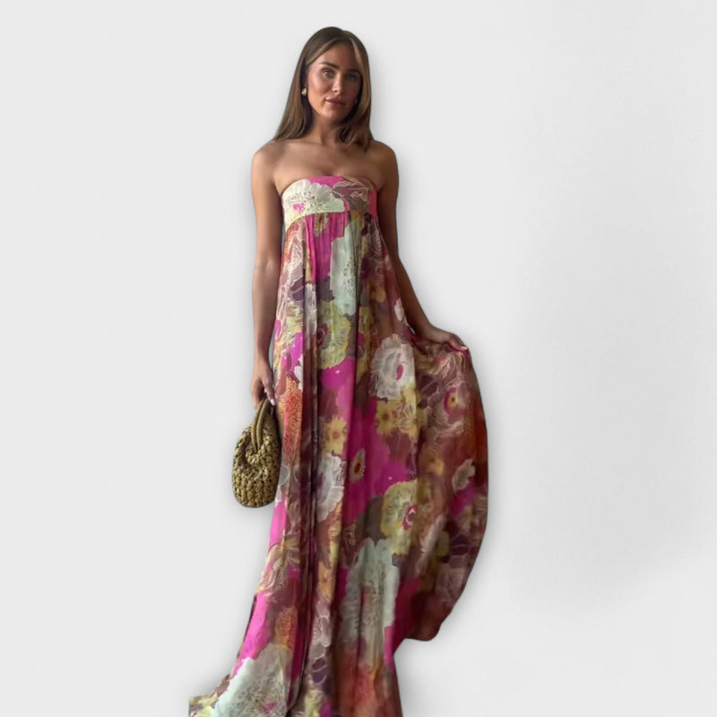 Elegante Vestito Maxi Plissettato Senza Spalline